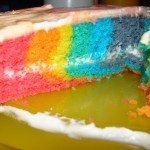 Visual do bolo arco-Ã­ris decorado e fatiado